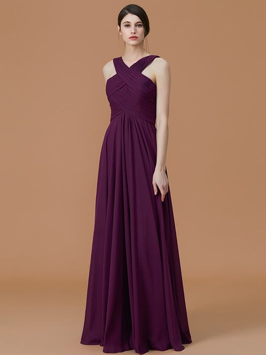 A-Line/Princess Halter Sleeveless Floor-Length Ruched Chiffon Bridesmaid Dresses DEP0005501