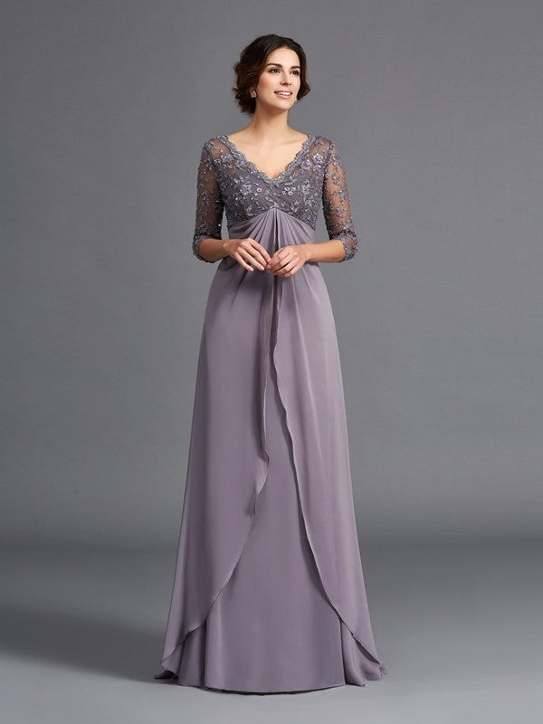 A-Line/Princess V-neck Lace 3/4 Sleeves Long Chiffon Mother of the Bride Dresses DEP0007104