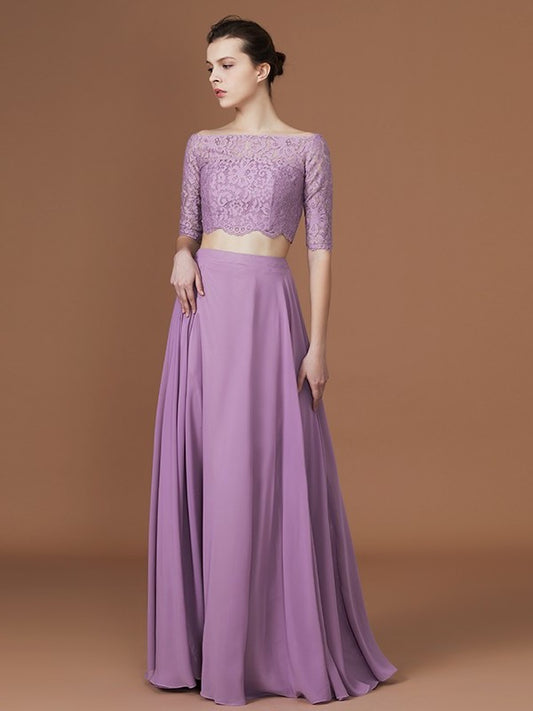 A-Line/Princess Lace Off-the-Shoulder 1/2 Sleeves Floor-Length Chiffon Bridesmaid Dress DEP0005799
