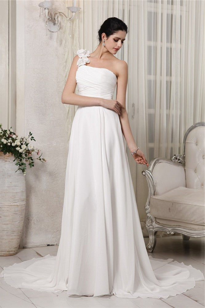 Sheath/Column One-Shoulder Sleeveless Ruffles Long Chiffon Wedding Dresses DEP0006978