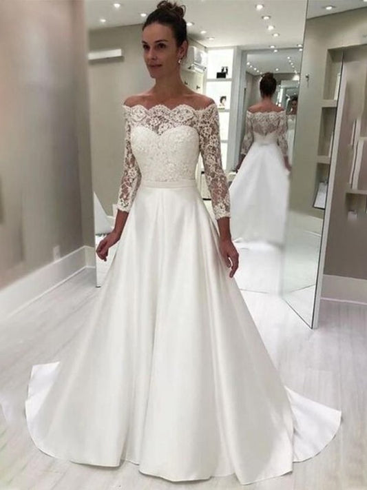 A-Line/Princess Satin 3/4 Sleeves Lace Sweep/Brush Train Off-the-Shoulder Wedding Dresses DEP0006870