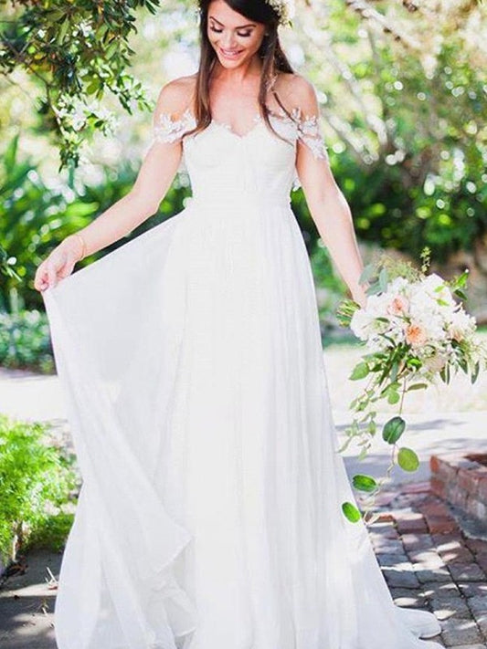 A-Line/Princess Sleeveless Off-the-Shoulder Sweep/Brush Train Applique Lace Chiffon Wedding Dresses DEP0006360