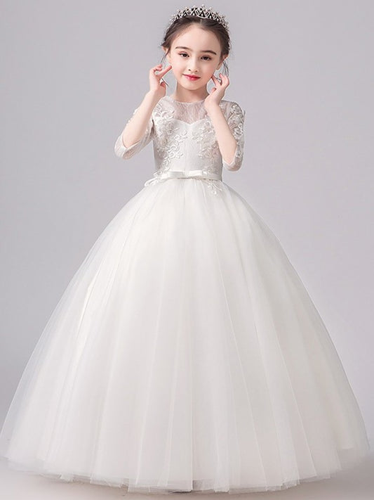 A-Line/Princess Lace Bowknot Scoop 3/4 Sleeves Floor-Length Flower Girl Dresses DEP0007506