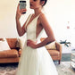 A-Line/Princess Tulle V-neck Ruched Sleeveless Sweep/Brush Train Wedding Dresses DEP0006741