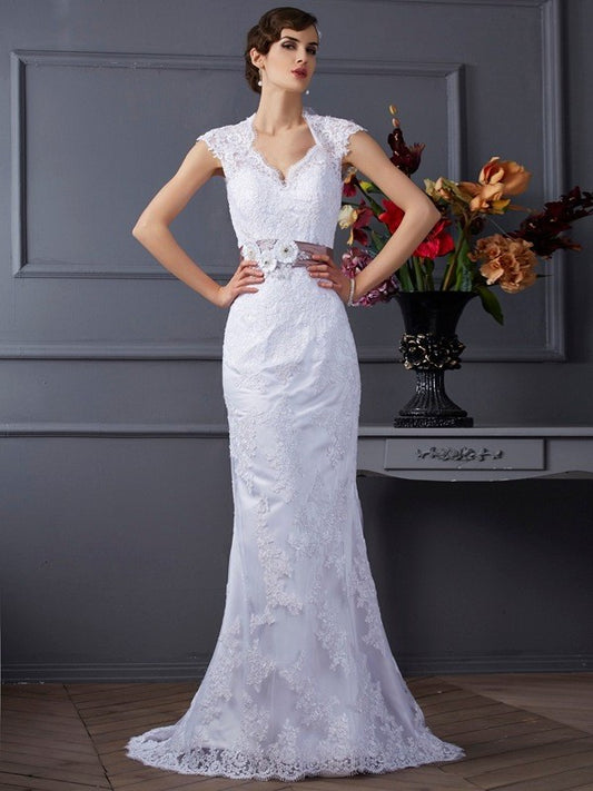 Trumpet/Mermaid Sleeveless Applique Long Satin Wedding Dresses DEP0006735
