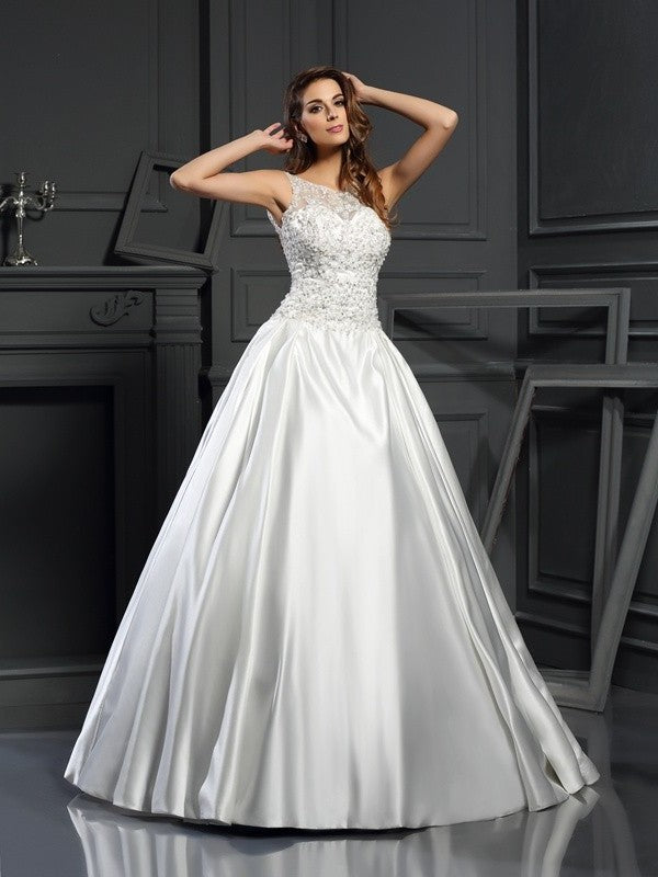 Ball Gown Scoop Applique Sleeveless Long Satin Wedding Dresses DEP0006457