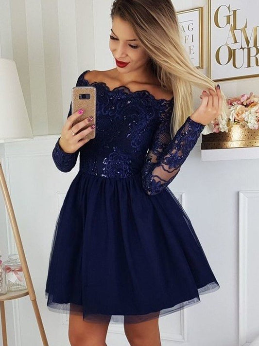 A-Line/Princess Tulle Applique Off-the-Shoulder Long Sleeves Short/Mini Homecoming Dress DEP0002741