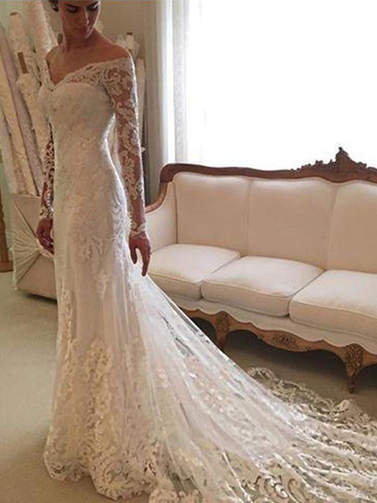Sheath/Column Long Sleeves Lace Off-the-Shoulder Court Train Wedding Dresses DEP0005950