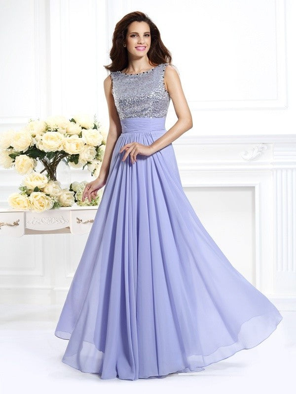 A-Line/Princess Bateau Lace Sleeveless Paillette Long Chiffon Dresses DEP0004101