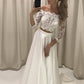 A-Line/Princess Off-the-Shoulder 3/4 Sleeves Sweep/Brush Train Lace Satin Wedding Dresses DEP0006730