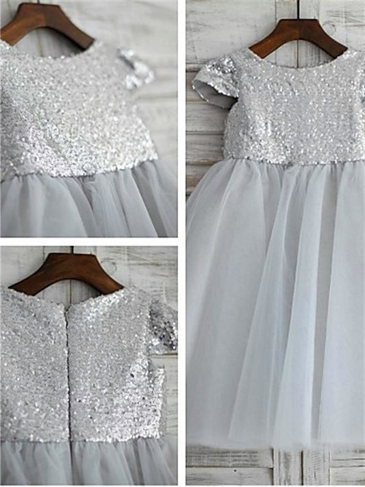 A-line/Princess Scoop Short Sleeves Sequin Tea-Length Tulle Flower Girl Dresses DEP0007765