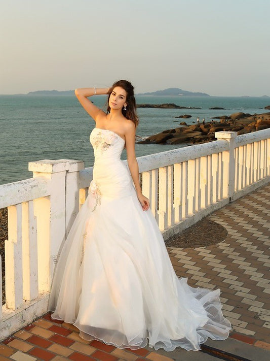 Ball Gown Strapless Hand-Made Flower Sleeveless Long Satin Beach Wedding Dresses DEP0006336