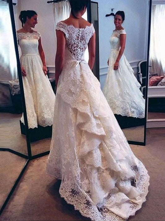A-Line/Princess Scoop Lace Sweep/Brush Train Sleeveless Wedding Dresses DEP0006093