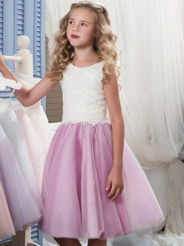 A-Line/Princess Sleeveless Scoop Knee-Length Lace Tulle Flower Girl Dresses DEP0007899