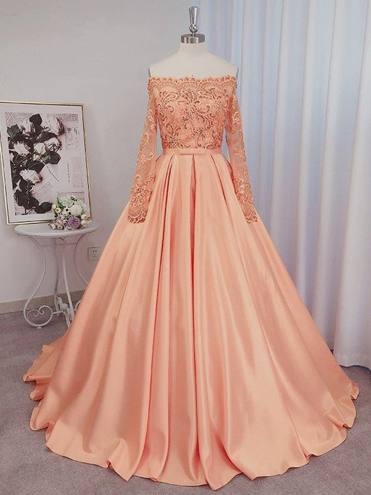 Ball Gown Satin Long Sleeves Beading Off-the-Shoulder Court Train Dresses DEP0001720