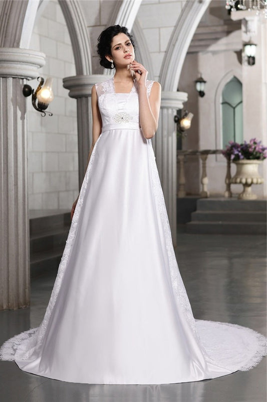 A-Line/Princess Sleeveless Lace Long Satin Wedding Dresses DEP0006908