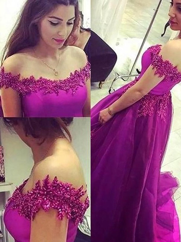 Ball Gown Sleeveless Off-the-Shoulder Applique Floor-Length Tulle Dresses DEP0002354