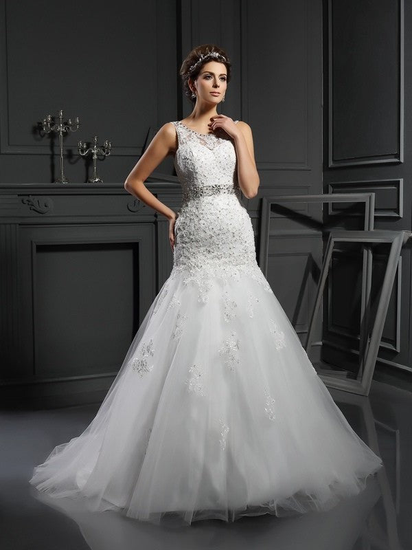 Sheath/Column Scoop Applique Sleeveless Long Net Wedding Dresses DEP0006779