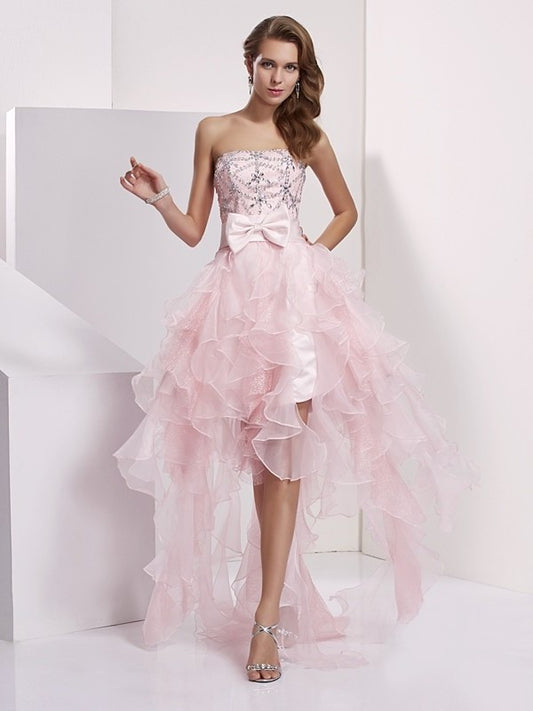 A-Line/Princess Strapless Sleeveless Beading High Low Organza Homecoming Dresses DEP0008113