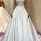 A-Line/Princess Sleeveles Sweep/Brush Train Lace Satin Wedding Dresses DEP0006046