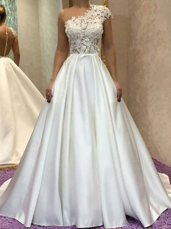 A-Line/Princess Sleeveles Sweep/Brush Train Lace Satin Wedding Dresses DEP0006046