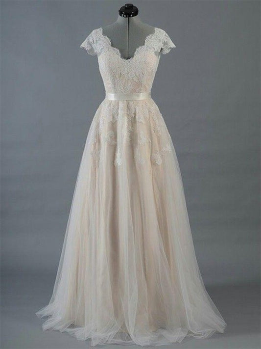 A-Line/Princess V-neck Sleeveless Floor-Length Applique Lace Wedding Dresses DEP0006362