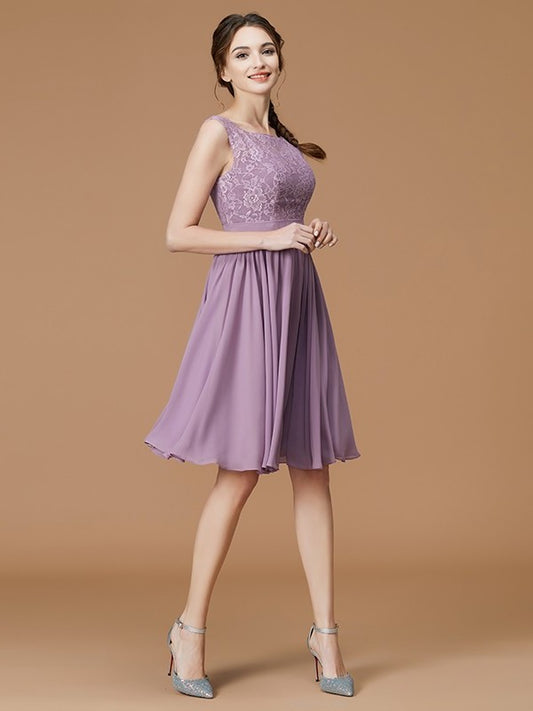 A-Line/Princess Bateau Sleeveless Short/Mini Lace Chiffon Bridesmaid Dresses DEP0005427