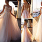 A-Line/Princess Bateau Applique Short Sleeves Sweep/Brush Train Tulle Wedding Dresses DEP0006668