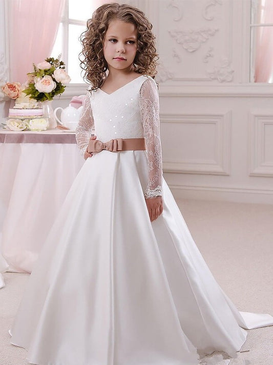 Ball Gown V-neck Long Sleeves Lace Floor-Length Satin Flower Girl Dresses DEP0007590