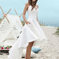 A-Line/Princess Satin Ruched Sleeveless Spaghetti Straps Asymmetrical Wedding Dresses DEP0006281