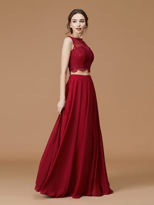 A-Line/Princess Bateau Sleeveless Floor-Length Lace Chiffon Bridesmaid Dresses DEP0005601
