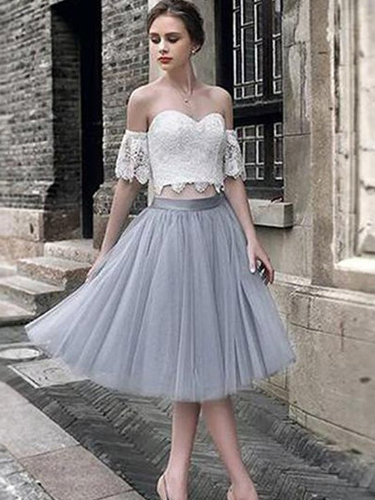A-Line/Princess Lace Sweetheart Tulle Sleeveless Tea-Length Two Piece Dresses DEP0008931