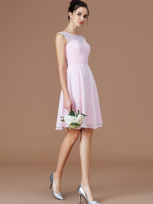 A-Line/Princess Bateau Sleeveless Lace Short/Mini Chiffon Bridesmaid Dresses DEP0005679