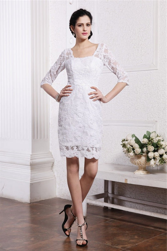 Sheath/Column Half Sleeves Bateau Short Lace Wedding Dresses DEP0006950