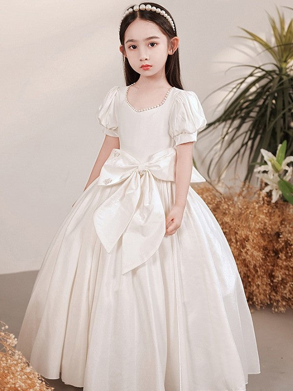 A-Line/Princess Satin Bowknot Sweetheart Short Sleeves Floor-Length Flower Girl Dresses DEP0007508