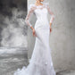 Sheath/Column Sheer Neck Hand-Made Flower Long Sleeves Long Satin Wedding Dresses DEP0006923