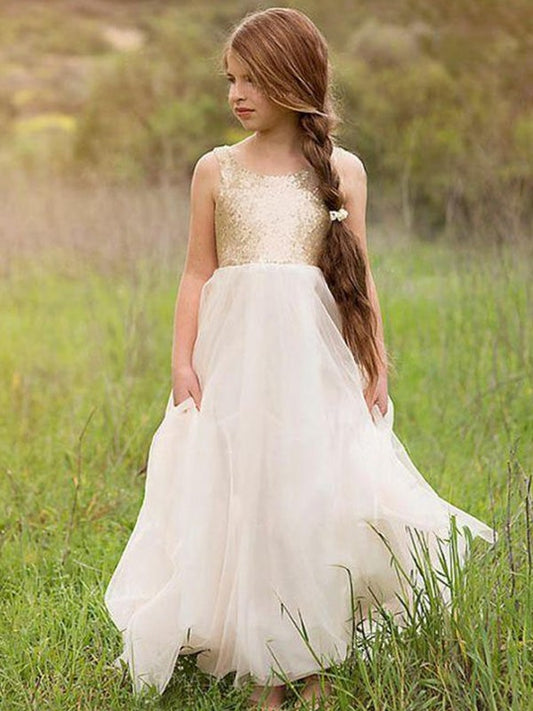 A-Line/Princess Sleeveless Scoop Floor-Length Sequin Tulle Flower Girl Dresses DEP0007676