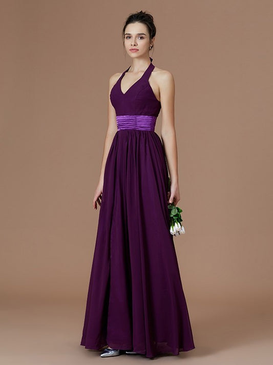 A-Line/Princess Halter Sleeveless Sash/Ribbon/Belt Floor-Length Chiffon Bridesmaid Dresses DEP0005410