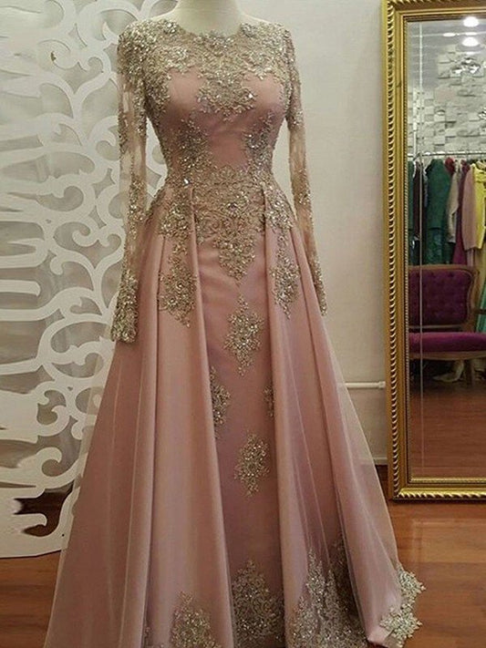 A-Line/Princess Long Sleeves Scoop Floor-Length Applique Tulle Muslim Dresses DEP0001674