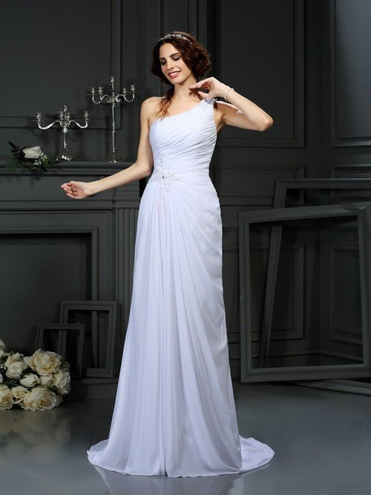 A-Line/Princess One-Shoulder Pleats Sleeveless Long Chiffon Wedding Dresses DEP0006875