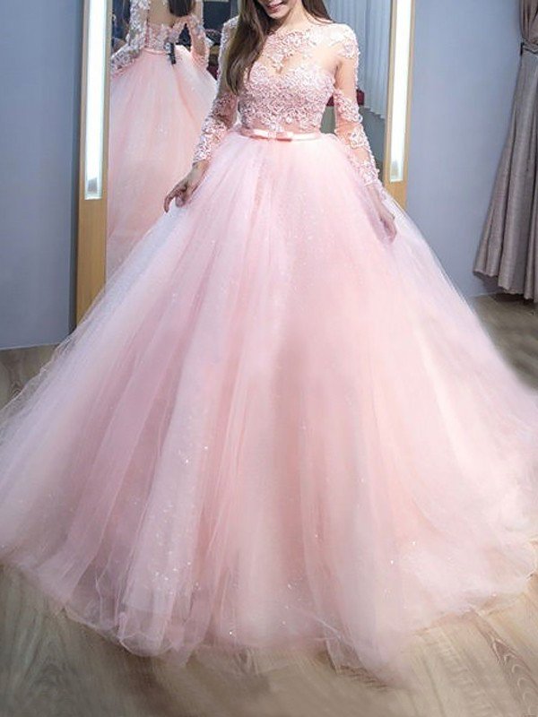 Ball Gown Jewel Long Sleeves Sweep/Brush Train Lace Tulle Dresses DEP0001809
