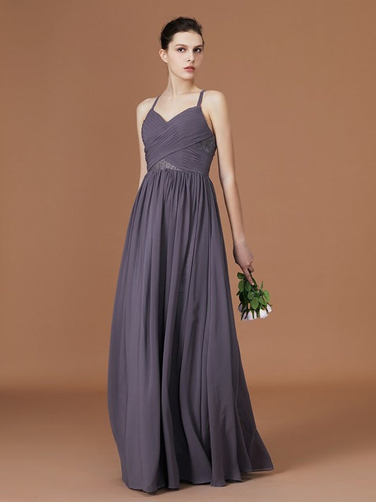 A-Line/Princess Lace Spaghetti Straps Sleeveless Floor-Length Chiffon Bridesmaid Dress DEP0005813