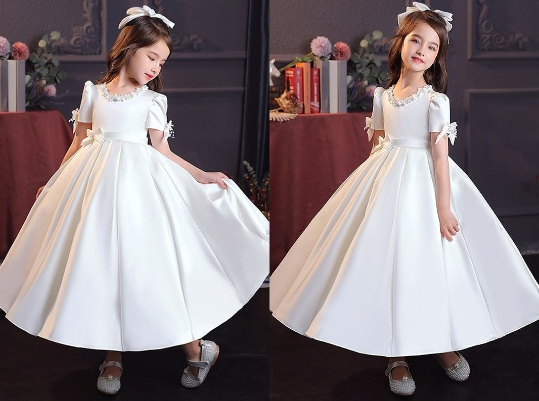 A-Line/Princess Satin Bowknot Jewel Short Sleeves Tea-Length Flower Girl Dresses DEP0007510