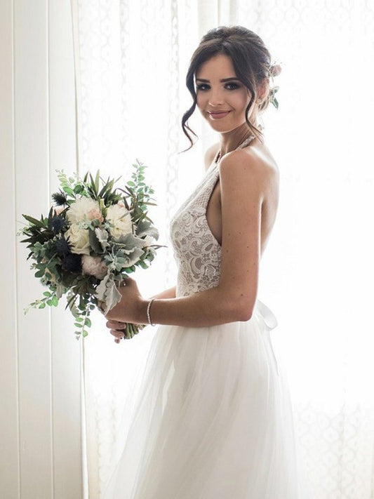 A-Line/Princess Lace Tulle Sleeveless Halter Floor-Length Wedding Dresses DEP0006596