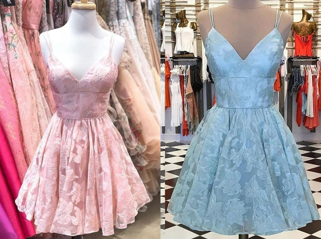 A-Line/Princess Spaghetti Straps Sleeveless Lace Ruffles Short/Mini Homecoming Dresses DEP0008856