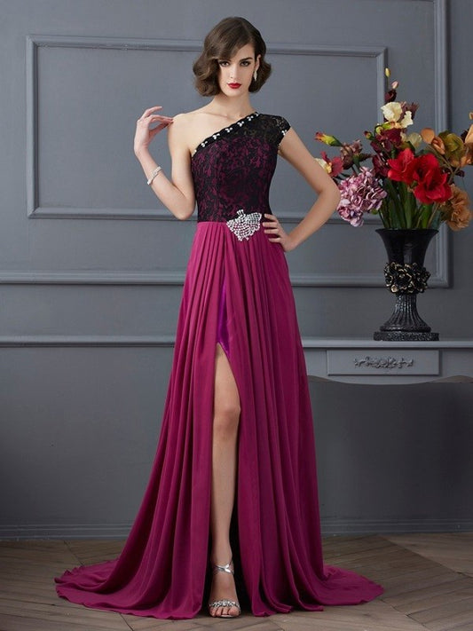 A-Line/Princess One-Shoulder Sleeveless Lace Long Chiffon Dresses DEP0003157