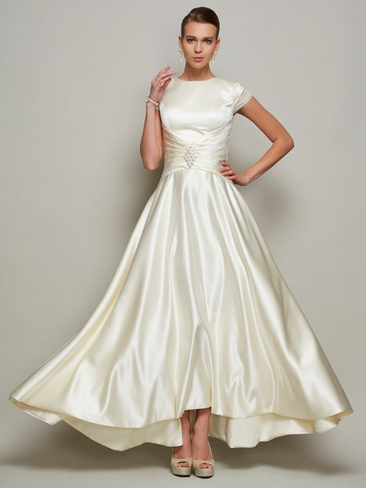 A-Line/Princess Scoop Short Sleeves Beading Long Satin Mother of the Bride Dresses DEP0007075