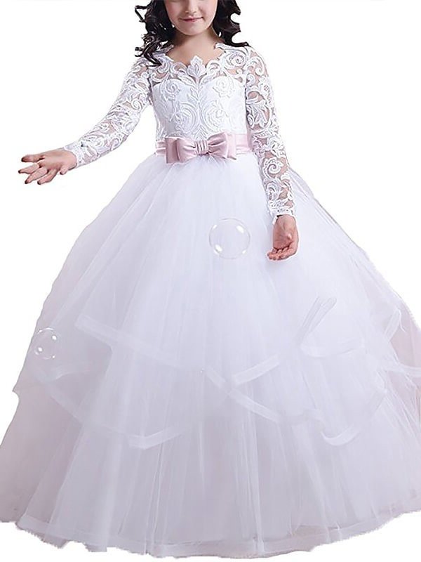 Ball Gown Jewel Long Sleeves Lace Floor-Length Tulle Flower Girl Dresses DEP0007554
