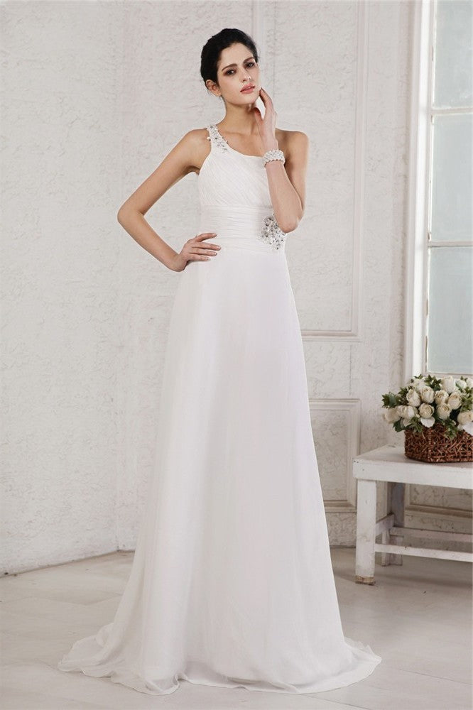 A-Line/Princess One-Shoulder Sleeveless Beading Applique Long Chiffon Wedding Dresses DEP0006967