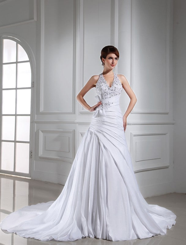 A-Line/Princess Beading Halter Sleeveless Long Taffeta Wedding Dresses DEP0006669